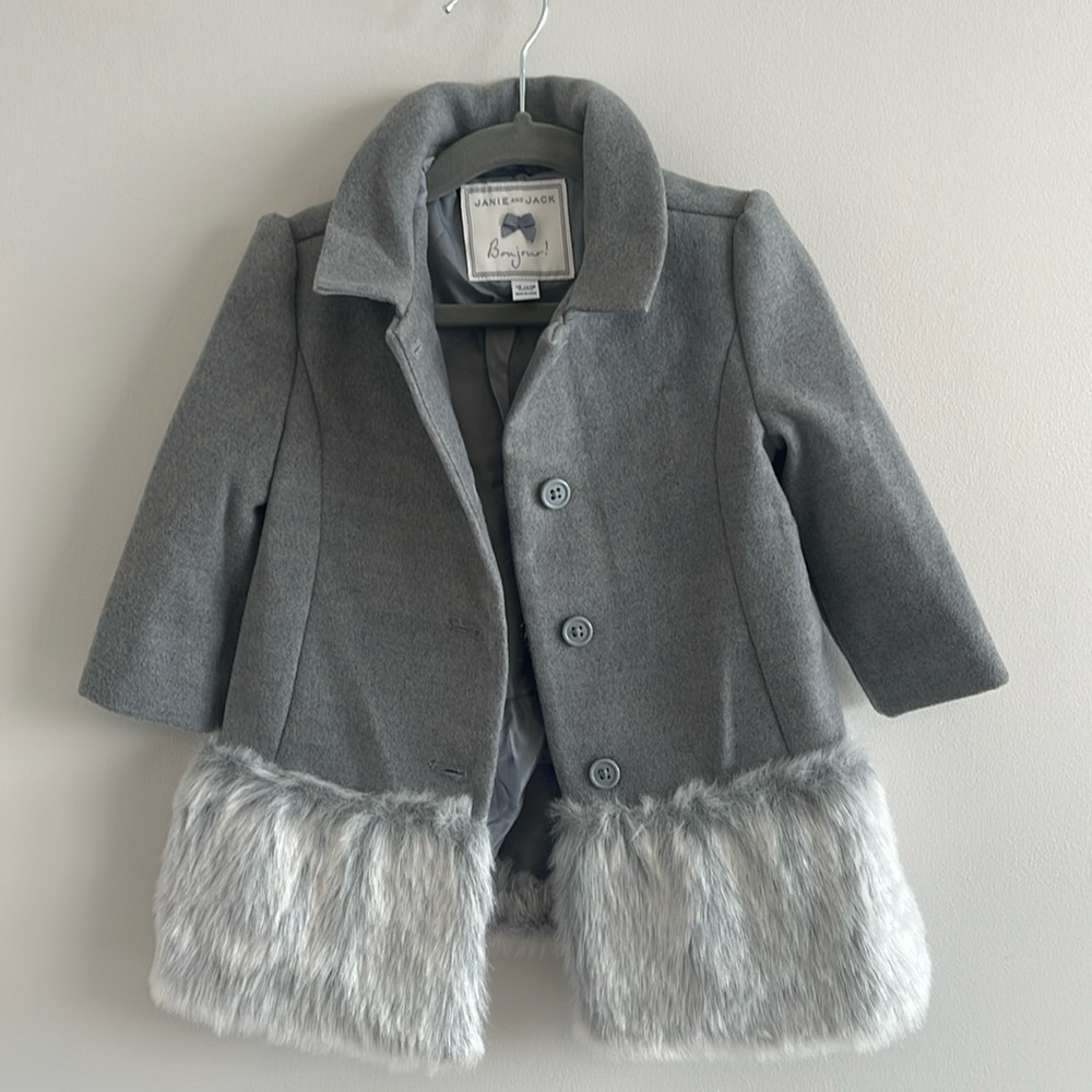 Girls Janie and Jack grey winter jacket. Faux fur on bottom. Worn once.